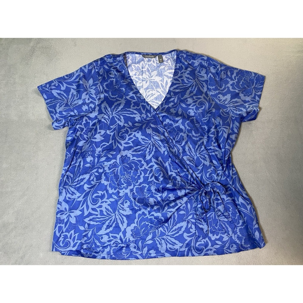 Any Body Women's Wrap Blouse Short Sleeve Blue Botanical Print Size 2X
